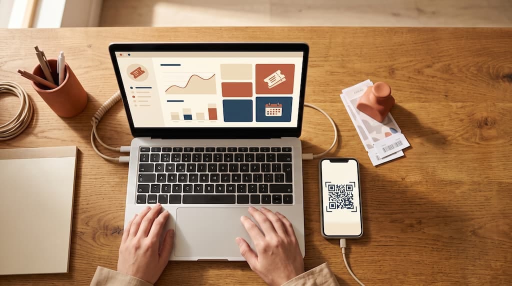 Bancone di biglietteria con laptop, smartphone con QR code e biglietti stampati